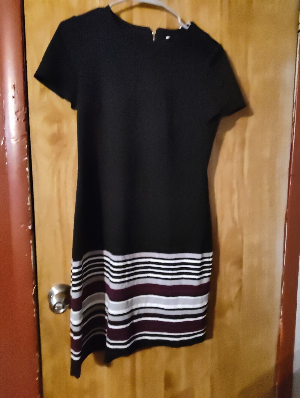 Calvin Klein Black Short-Sleeve Dress with White and Burgundy Stripes